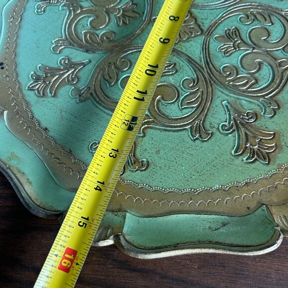 Vintage Italian Florentine Green & Gold Round Tray 15.5” Made in Italy - Picture 11 of 11